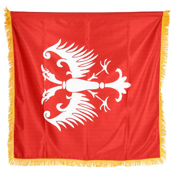 Crvena satenska zastava Grb Nemanjića 100 cm x 100 cm - dupla sa resama-1